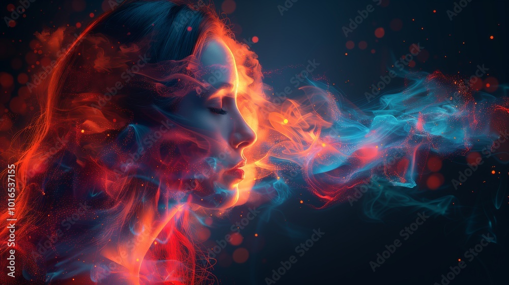 A Woman Breathes Colorful Smoke in a Dark Room During an Artistic Night Shoot A Woman Breathes Colorful Smoke in a Dark Room During an Artistic Night Shoot