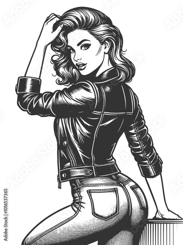 pin-up girl wearing a leather jacket and jeans, exuding a rebellious, retro vibe sketch engraving generative ai fictional character vector illustration. Scratch board imitation. Black and white image.
