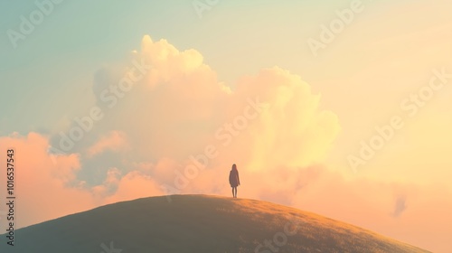 Girl standing on top of a hill amidst pink clouds. Concept of loneliness, mental health, thoughts, sadness. Banner, poster, wallpaper