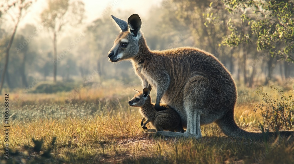 A wallaby kangaroo mother feeding in a field, with her joey safely tucked away in her pouch, blending into the natural landscape A wallaby kangaroo mother feeding in a field, with her joey safely tucked away in her pouch, blending into the natural landscape