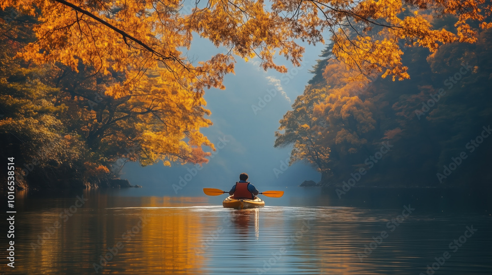 Man kayaking through an autumn landscape, surrounded by orange trees reflecting on a calm lake, perfect for fall adventures. Man kayaking through an autumn landscape, surrounded by orange trees reflecting on a calm lake, perfect for fall adventures.