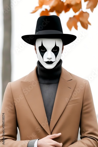 A person in a Halloween outfit poses confidently among fall leaves, Halloween fashion photography