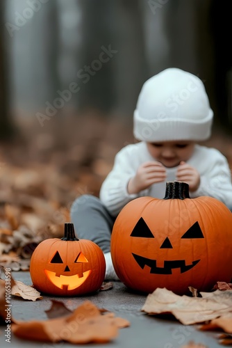 A child sits among autumn leaves, carving faces on pumpkins joyfully, Halloween fashion photography