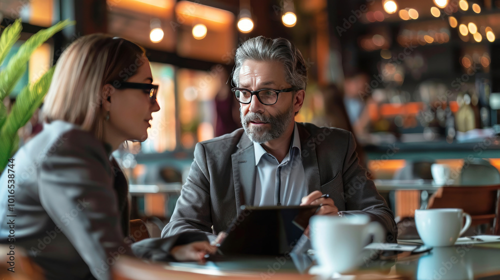 A relaxed client meeting in a cozy cafe, where a business leader discusses potential collaborations with a client, using a tablet for presentations. A relaxed client meeting in a cozy cafe, where a business leader discusses potential collaborations with a client, using a tablet for presentations.