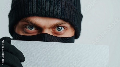 A male thief hiding behind a white backdrop, peeking cautiously from behind. He is dressed in dark, inconspicuous clothing, with a black beanie or ski mask partially covering his face.