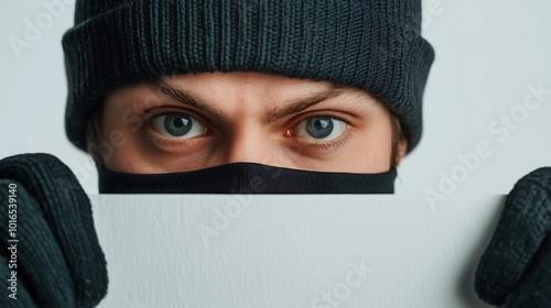 A male thief hiding behind a white backdrop, peeking cautiously from behind. He is dressed in dark, inconspicuous clothing, with a black beanie or ski mask partially covering his face.
