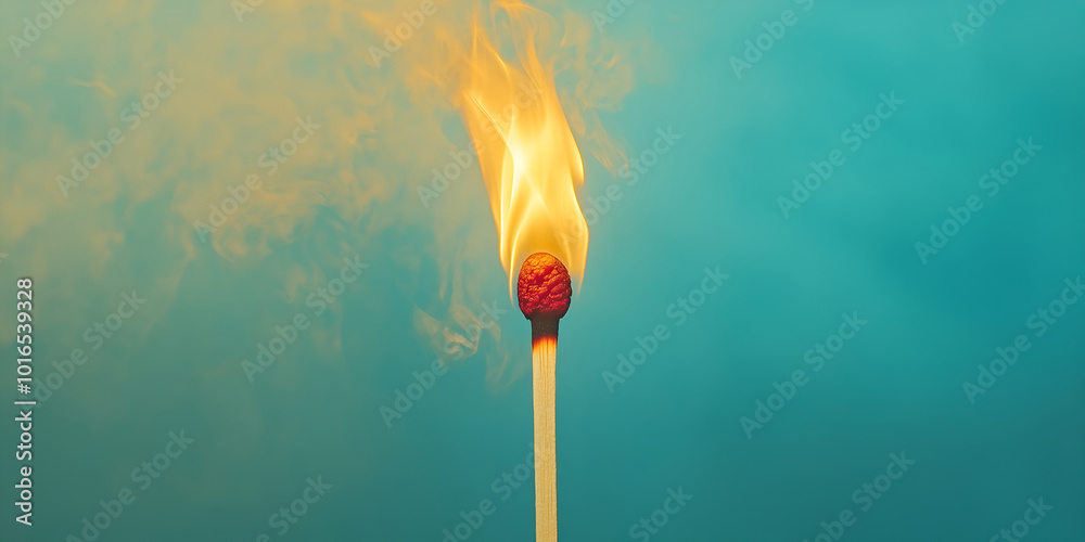 Burning match on a blue background. Close-up. 3d rendering