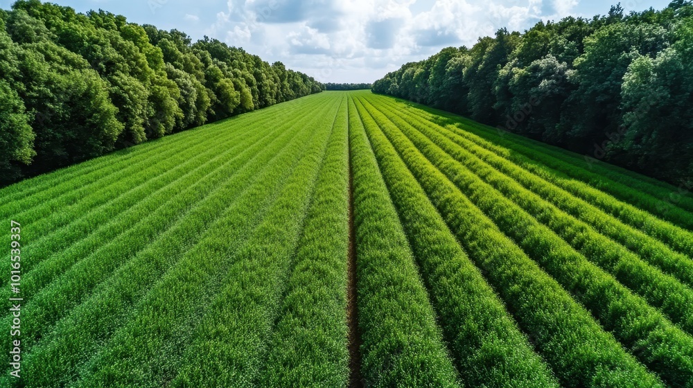 Naklejka premium An expansive view of green fields extending to the horizon, bordered by thick forests, reflecting the boundless potential of agricultural landscapes.