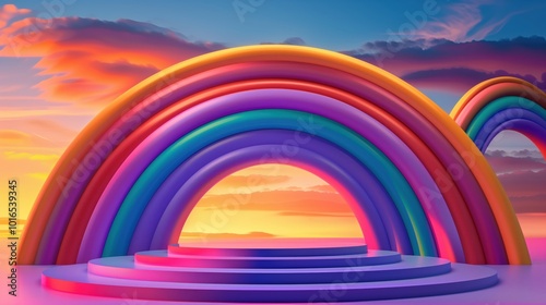 Vibrant 3D rainbow arches against a stunning sunset sky, creating a surreal and colorful landscape with atmospheric clouds.