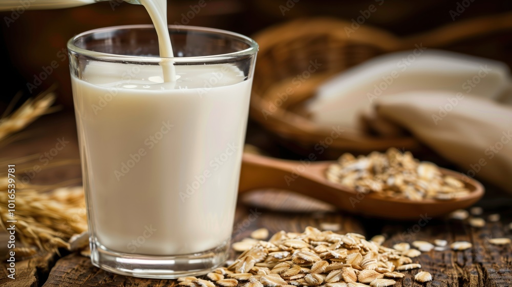 A glass of fresh oat milk being poured on a rustic wooden table surrounded by oats and grains, highlighting a healthy, plant-based beverage. A glass of fresh oat milk being poured on a rustic wooden table surrounded by oats and grains, highlighting a healthy, plant-based beverage.