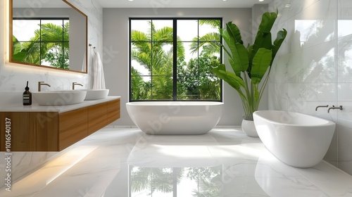 A modern minimalist bathroom featuring a freestanding bathtub, his and hers sinks, and large windows with an abundance of natural light and lush greenery outside. photo