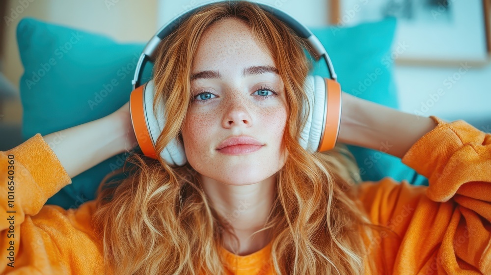 With freckles and a thoughtful expression, a young woman enjoys music through orange headphones while reclining on cushions in a serene indoor setting.
