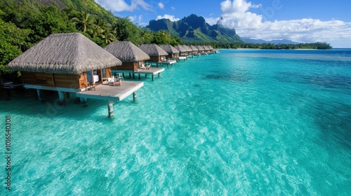 Thatched-roof resort bungalows peacefully sit on stilts, surrounded by crystal-clear waters and lush greenery, showcasing a perfect tropical paradise environment. photo