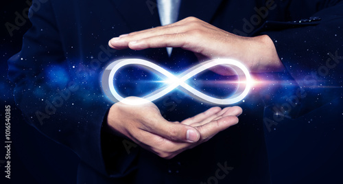 Businessman holding infinity symbol connection dots data technology, future limited to unlimited infinite sign resource power supply internet information usage vector illustration blue background