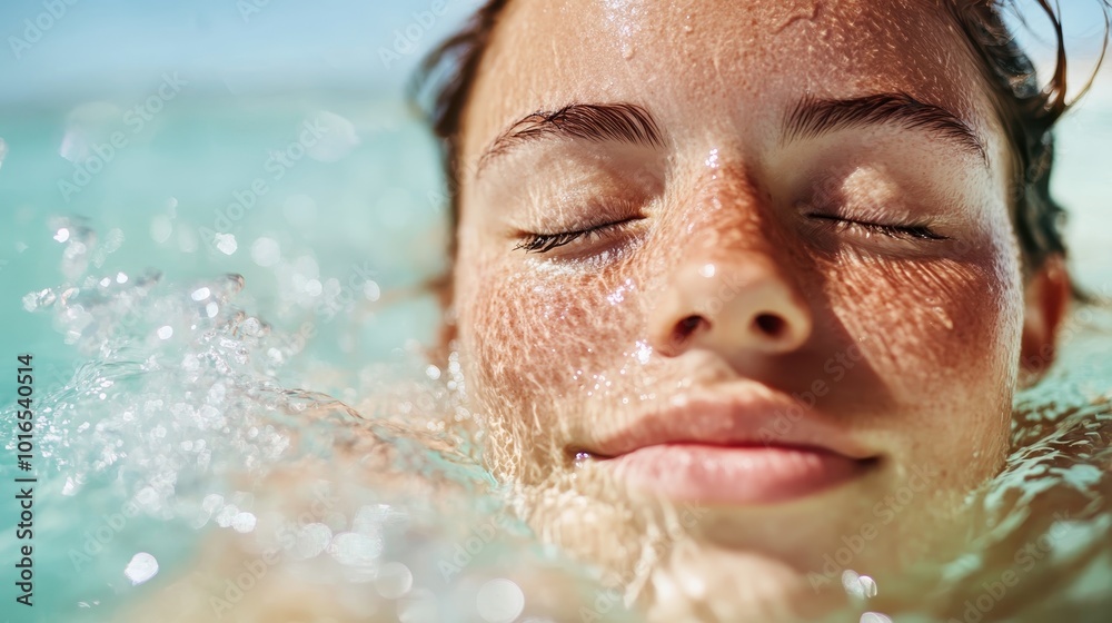 A captivating underwater portrait that blends serenity and beauty, featuring a person with closed eyes, freckles and playful sunlight reflections dancing on clear water.