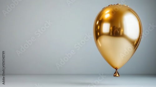 A golden balloon gracefully levitates in a plain room, its shiny surface capturing reflections and imbuing the space with a sense of whimsy and tranquility. photo