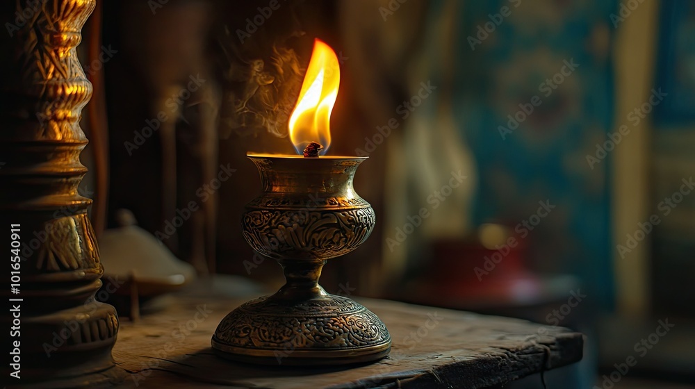 Close-up of an ornate oil lamp burning steadily with a soft yellow flame, surrounded by rustic decor. Close-up of an ornate oil lamp burning steadily with a soft yellow flame, surrounded by rustic decor.
