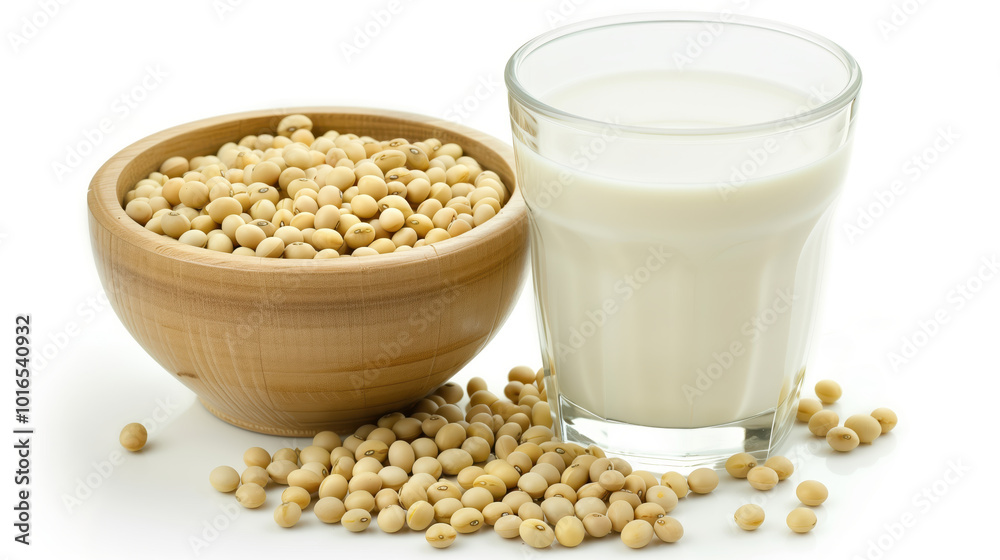 Wooden bowl of soybeans beside a glass of fresh soy milk, symbolizing plant-based nutrition and healthy alternatives to dairy products. Wooden bowl of soybeans beside a glass of fresh soy milk, symbolizing plant-based nutrition and healthy alternatives to dairy products.