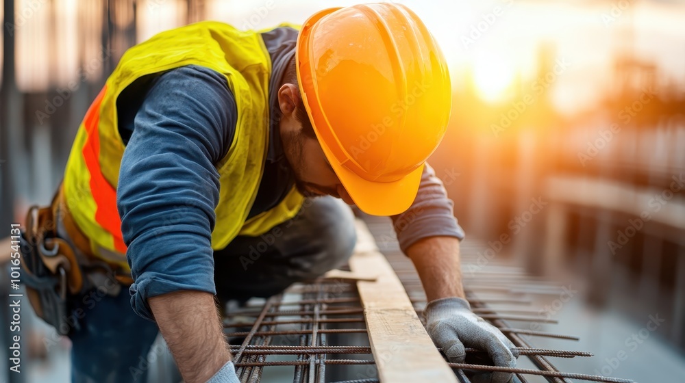 A construction worker in a safety vest and helmet leans over steel bars, diligently working against the backdrop of a setting sun, representing perseverance and industry. A construction worker in a safety vest and helmet leans over steel bars, diligently working against the backdrop of a setting sun, representing perseverance and industry.