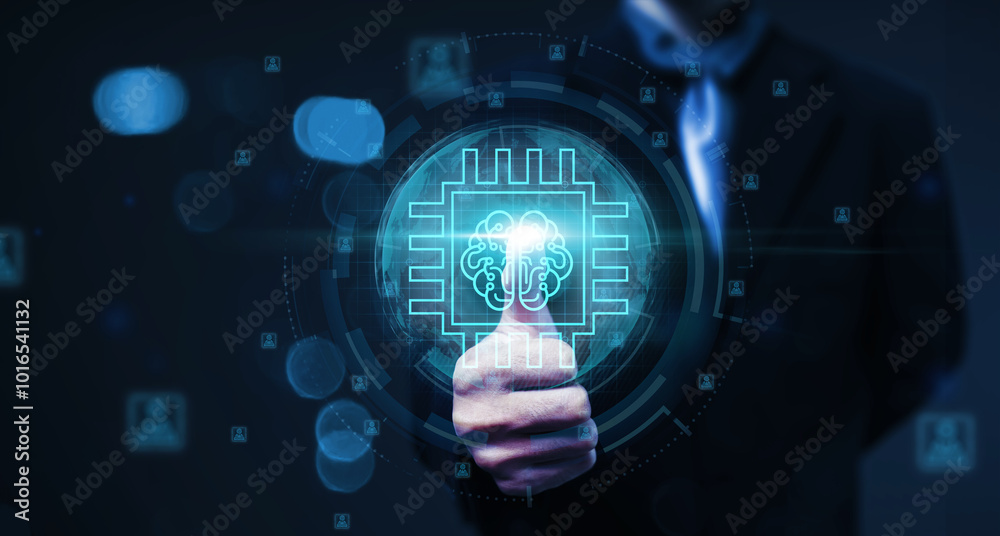 Businessman analyzing data for business growth increasing sales, marketing, development, employee management, with ideas innovation planning strategy, futuristic brain hologram blue background