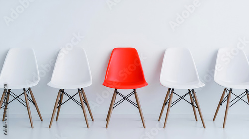 Highlighted red chair in the middle of a row of white chairs on white background Illustration of the concept of right candidate in job interviews photo