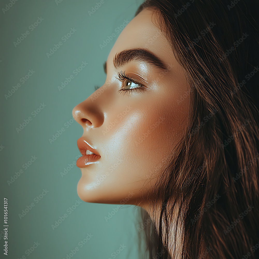 A striking minimalistic side profile of a young woman with her dark hair , set against a simple background