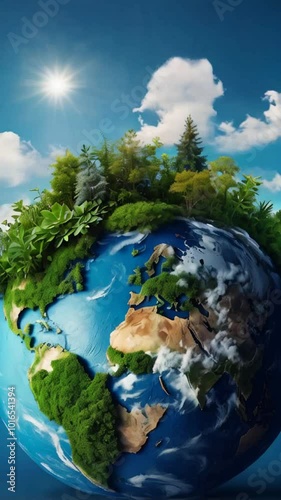 vertical video of Earth globe illustration animation vertical with plants copy space banner ecological earth day hour safe clouds clear trees mountains environmental problems on blue background