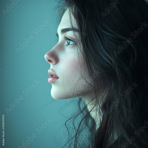 A striking minimalistic side profile of a young woman with her dark hair , set against a simple background