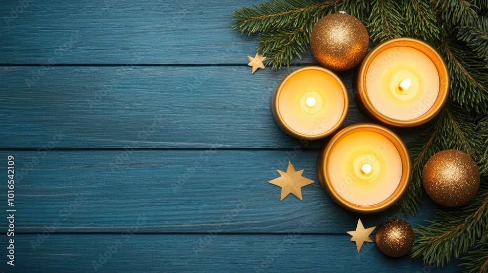 Three tall, white candles glow warmly among fresh pine branches, adorned with a golden bow, creating a serene Christmas atmosphere on a blue-green tabletop Three tall, white candles glow warmly among fresh pine branches, adorned with a golden bow, creating a serene Christmas atmosphere on a blue-green tabletop