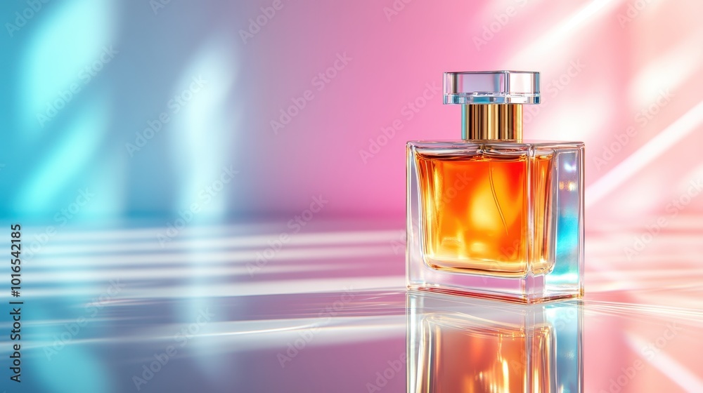A striking perfume bottle with a mix of vivid colors in the background, highlighting the elegance and modern design of the bottle, creating a sense of excitement and allure. A striking perfume bottle with a mix of vivid colors in the background, highlighting the elegance and modern design of the bottle, creating a sense of excitement and allure.