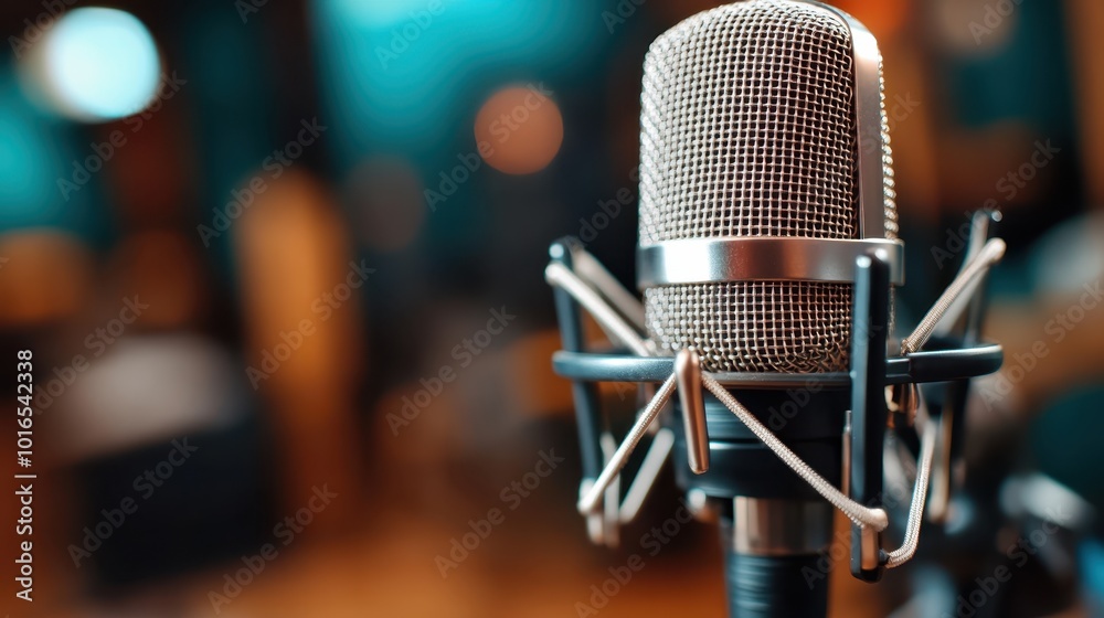 A close-up of a professional microphone in a studio with blurred background, representing podcasting, broadcasting, and high-quality audio recording settings. A close-up of a professional microphone in a studio with blurred background, representing podcasting, broadcasting, and high-quality audio recording settings.