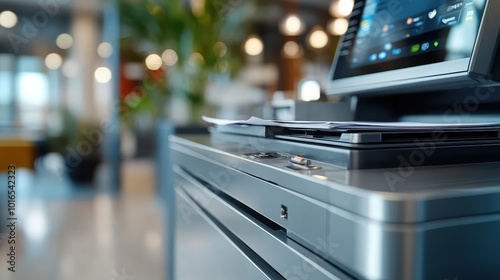 A modern printer is prominently featured within an office setting, with a focus on its sleek design and soft background elements, highlighting efficiency and technology.