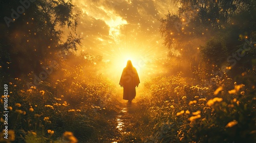 jesus christ as holy saviour beautiful light ray as power and sanctity symbol bible scene,religious soul appearance in saint land view from behind for mystical mood.illustration