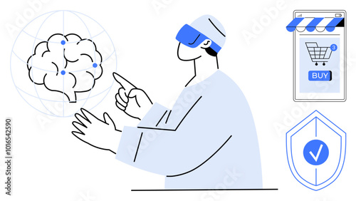 Person with VR headset and brain-computer interface, pointing at a digital brain model. Shows an online shopping app and security shield. Ideal for technology, cybersecurity, online shopping, VR