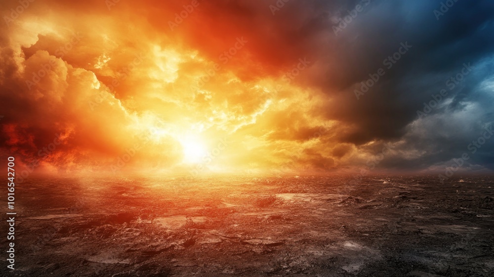 A dramatic sunset over a barren landscape, showcasing vibrant colors and ominous clouds. A dramatic sunset over a barren landscape, showcasing vibrant colors and ominous clouds.