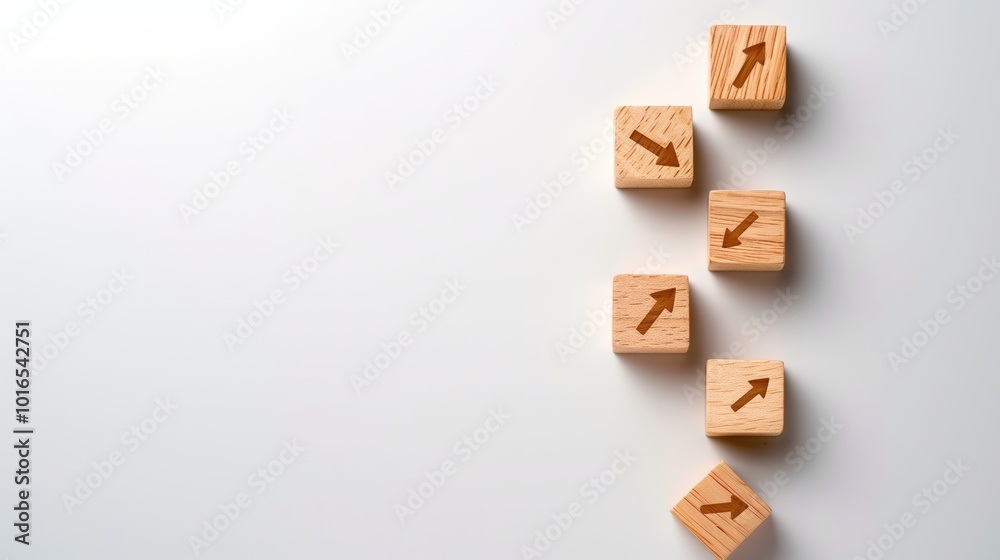 Wooden blocks with arrow symbols indicating financial growth and direction on a clean white background, promoting business strategy. Wooden blocks with arrow symbols indicating financial growth and direction on a clean white background, promoting business strategy.
