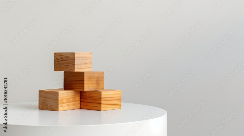 Minimalist wooden blocks stacked on a round white table, set against a plain gray background, showcasing simplicity and geometric balance. Minimalist wooden blocks stacked on a round white table, set against a plain gray background, showcasing simplicity and geometric balance.