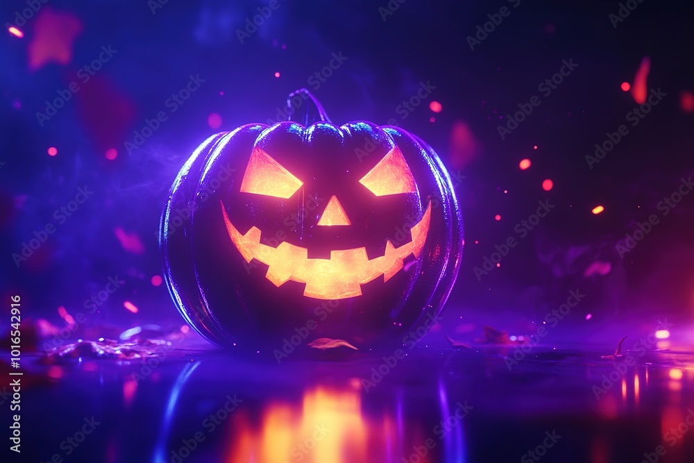 Naklejka premium Halloween evil pumpkin cartoon illustration, evil pumpkin face with neon light