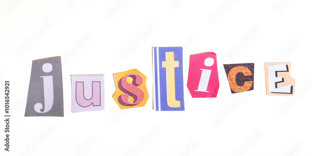 Justice, spelled out in graphic colourful newspaper cut out style typography, isolated on white background. Justice, spelled out in graphic colourful newspaper cut out style typography, isolated on white background.