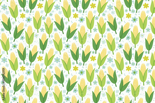 Seamless pattern with corn cobs and blue flowers. Vector illustration.