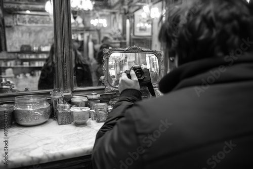 Documenting Vintage Store Reflections in Black and White photo