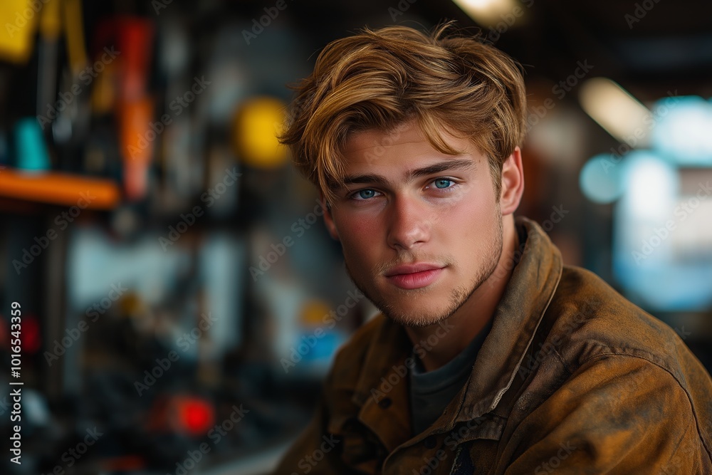 Man with brown hair and a tan jacket is sitting in front of a wall. Mechanic, professional, young, working in garage, focused on task, brown coveralls, determined expression, automotive repair concept Man with brown hair and a tan jacket is sitting in front of a wall. Mechanic, professional, young, working in garage, focused on task, brown coveralls, determined expression, automotive repair concept