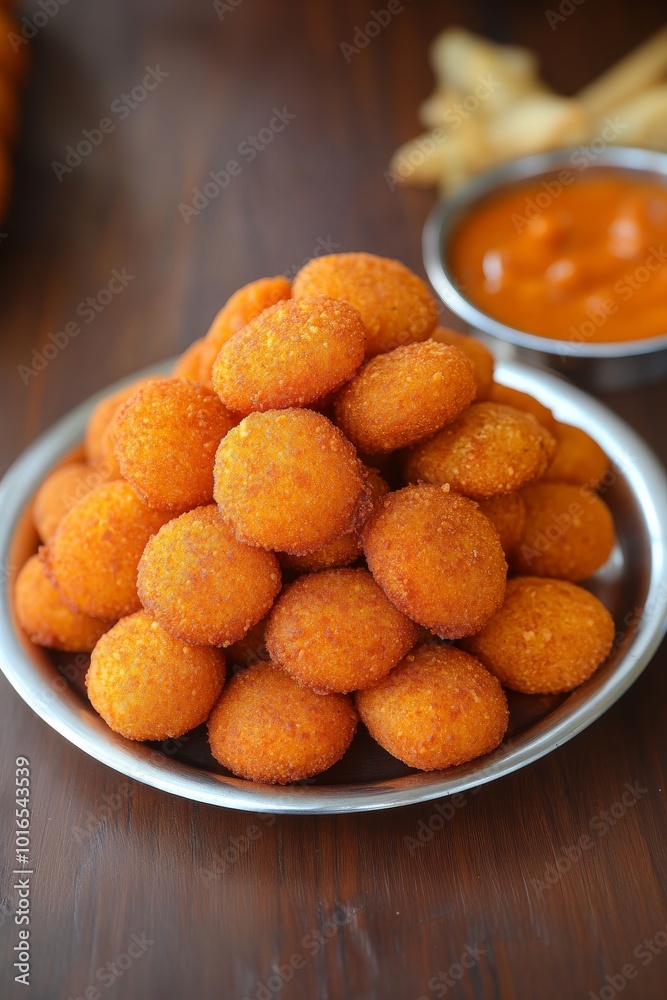 Bolitas de papa fritas servidas en un plato, acompañadas de salsa roja al fondo.
Bolitas de papa fritas servidas en un plato, acompañadas de salsa roja al fondo.