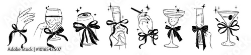 Alcohol cocktail icon set vector female hand, coquettish ribbon bow, wine glass celebration beverage. Girly elegant martini champagne doodle, feminine aesthetic party menu. Cheer cocktail event icon