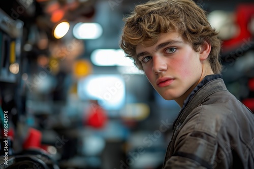 Man with brown hair and a tan jacket is sitting in front of a wall. Mechanic, professional, young, working in garage, focused on task, brown coveralls, determined expression, automotive repair concept