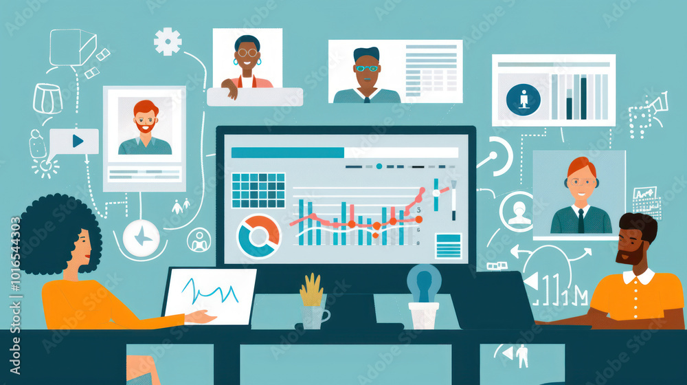 A remote team collaborating on a marketing campaign, using video calls, shared documents, and task management software to coordinate efforts. A remote team collaborating on a marketing campaign, using video calls, shared documents, and task management software to coordinate efforts.