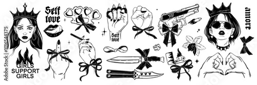 Woman power illustration set, vector feminism sticker, hand drawn coquettish ribbon bow, female hand. Queen sign girly knife, freedom brave sticker collection dark tattoo. Woman power line emblem kit