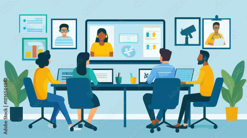 A remote team collaborating on a project using video conferencing, with participants sharing screens and discussing tasks on a virtual platform. A remote team collaborating on a project using video conferencing, with participants sharing screens and discussing tasks on a virtual platform.