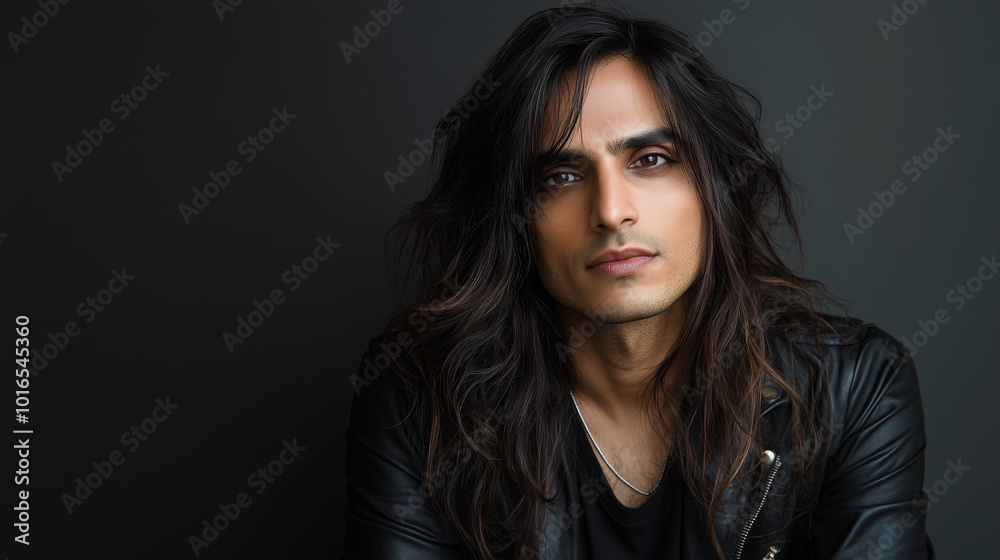 Long-haired man in black leather jacket posing with serious expression