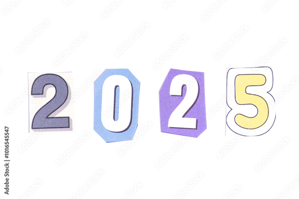 Phrase 2025 spelled in cut out newspaper style typography isolated on white background. Phrase 2025 spelled in cut out newspaper style typography isolated on white background.